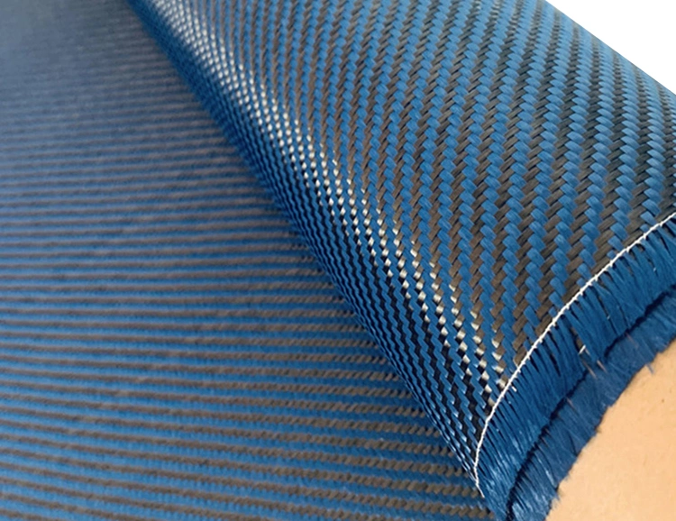 China Factory 3K 1500d Colored Carbon Fiber Blue Plain Twill 200GSM Carbon Kevlar-Carbon Hybrid Fabric