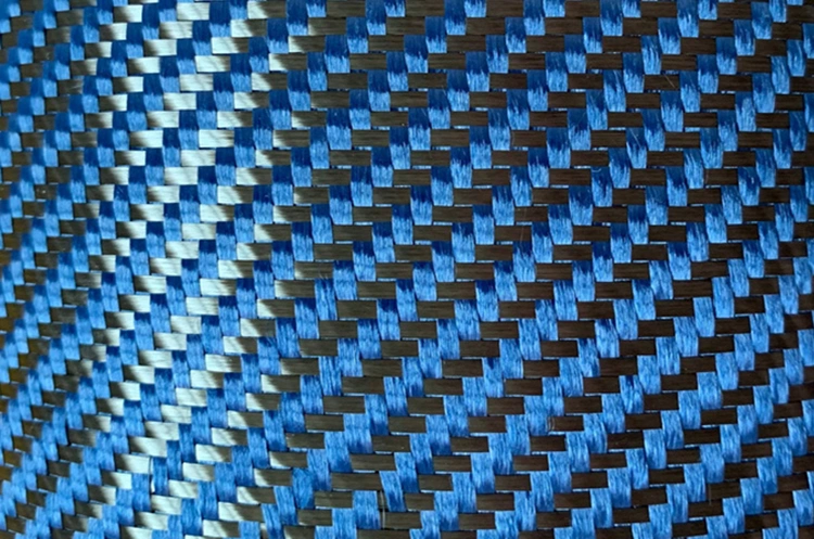 China Factory 3K 1500d Colored Carbon Fiber Blue Plain Twill 200GSM Carbon Kevlar-Carbon Hybrid Fabric